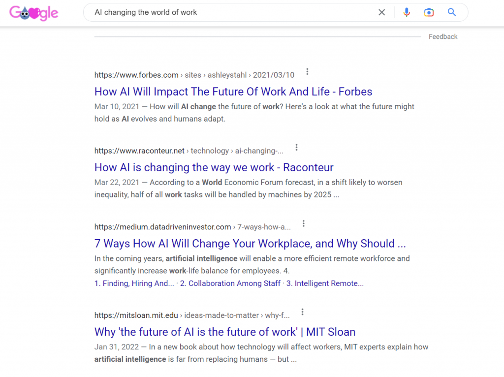 Google search results for "AI changing the world of work"